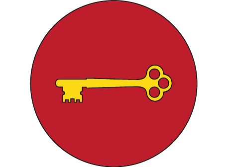 senechal-icon-01 A horizontal yellow key on a red circle