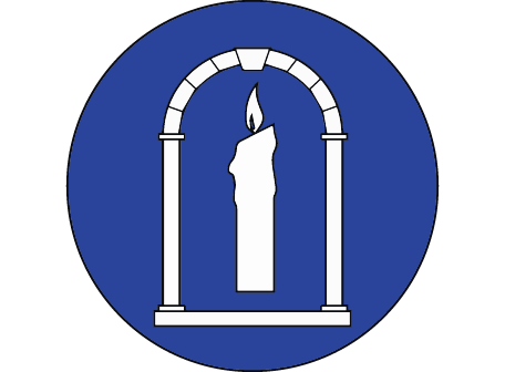 a white candle inside of a white archway, on a blue circle