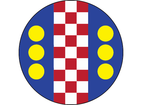 a red and white checkered pattern going down the centre of a blue circle, with three vertical yellow circles on either side