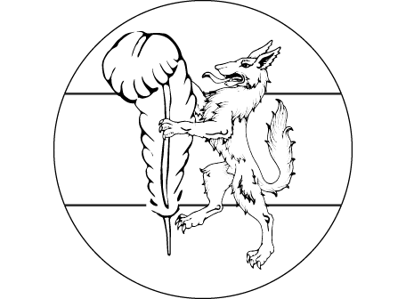A wolf maintaining a large feather on a white circle with a white horizontal stripe