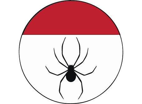 A black spider in a white circle with a red section splitting the top quarter of the circle, above the spider.