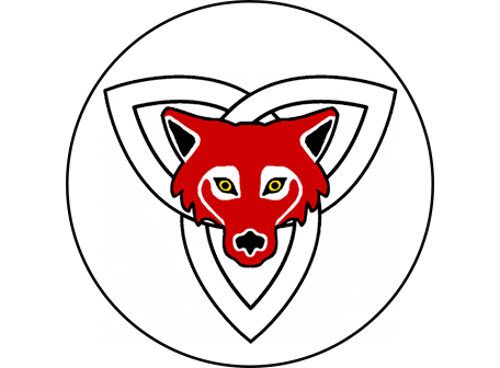 A red wolf's head on top of a trillium shape in a white circle