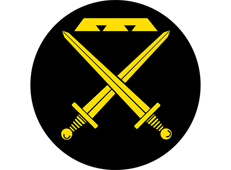 two yellow crossed swords with a trapezoid (label) above them on a black circle