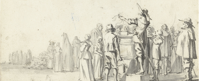 An ink and brush drawing on paper of a man on a podium, crying news to a crowd of people