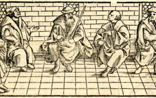 A woodcut print of a group of old men having a discussion