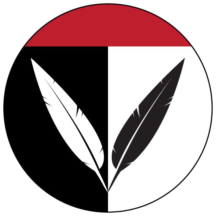 Illustration of a white feather next to a black feather inside a white, red, and black circle.