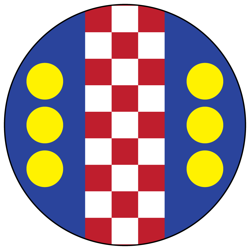 Red and white checkered strip with three yellow circles on either side, all within a blue circle.