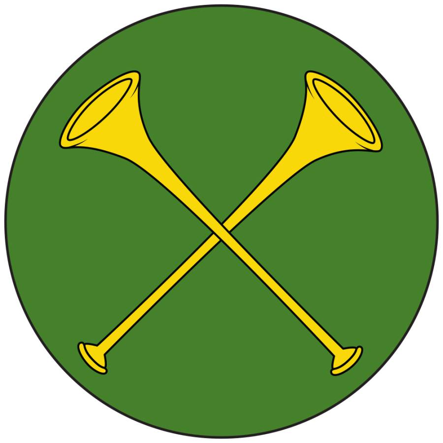 Illustration of two yellow horns crossed in a green circle.