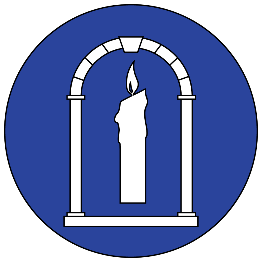 Illustration of a white candle in a white archway in a blue circle.