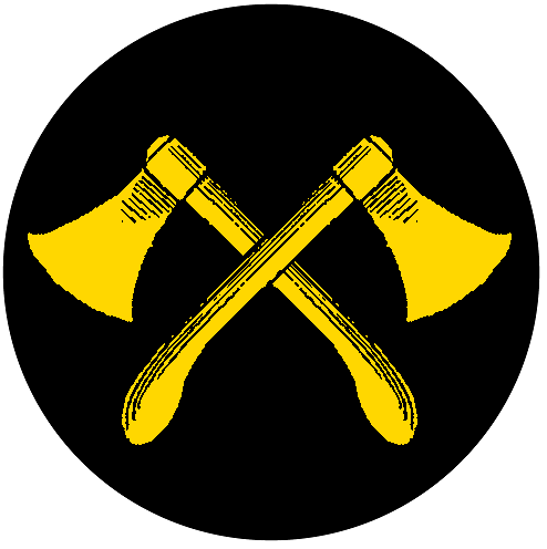 Illustration of two yellow crossed axes in a black circle.