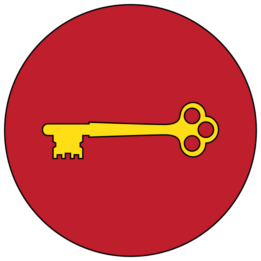 Illustration of a yellow key within a red circle.