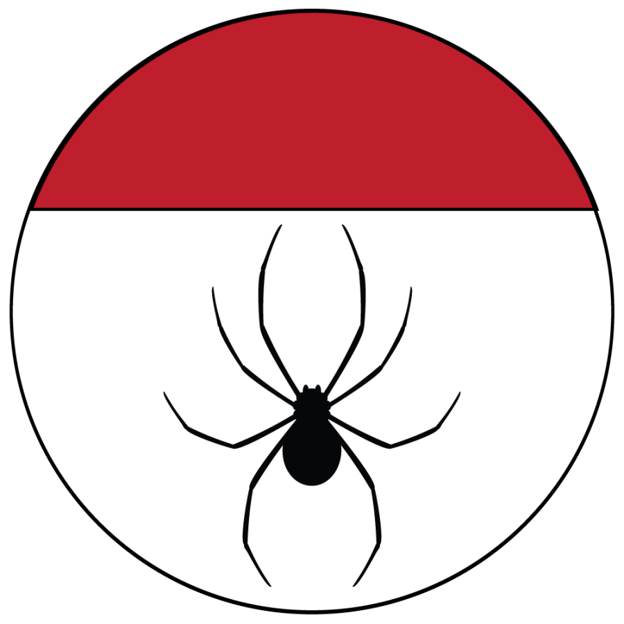 Illustration of a spider within a red and white circle.