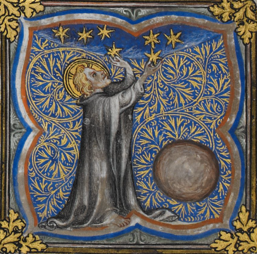 A robed figure with a nimbus around his blond hair places stars in the sky above him. He stands against a background of branching gold vines and flowers. A grey sphere hovers next to him.