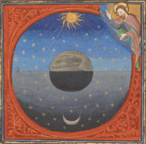 A divine being looks down upon creation, including the Earth bracketed top and bottom by the sun and moon.