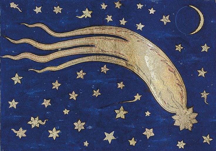 The Great Comet is illustrated in gold, crossing a dark blue sky spangled with gold stars and a thin crescent moon.