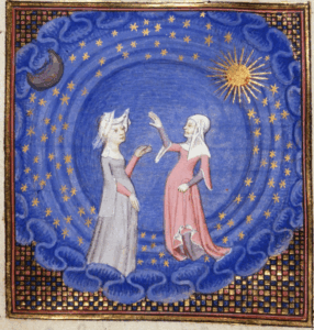 Two women standing facing one another gesture at the heavens surrounding them, including stars encircling them, a golden sun to one side and a darkened crescent moon to the other.
