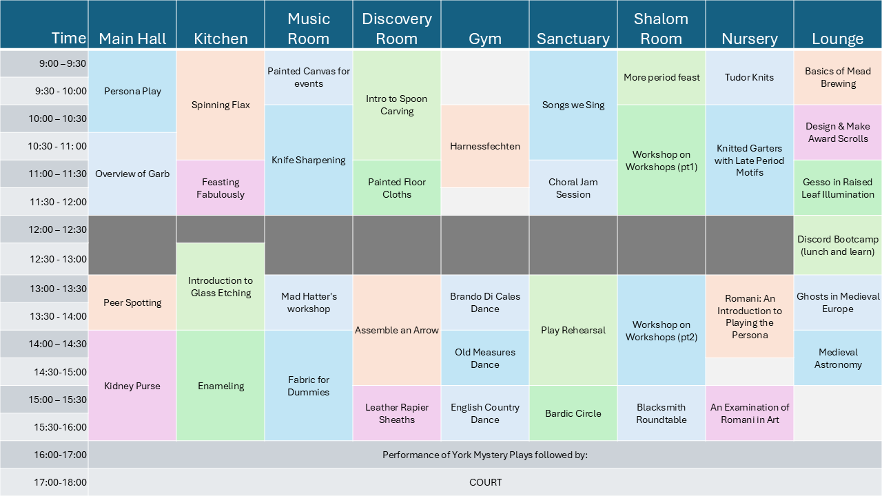 A colourful table listing the timings and location of classes.